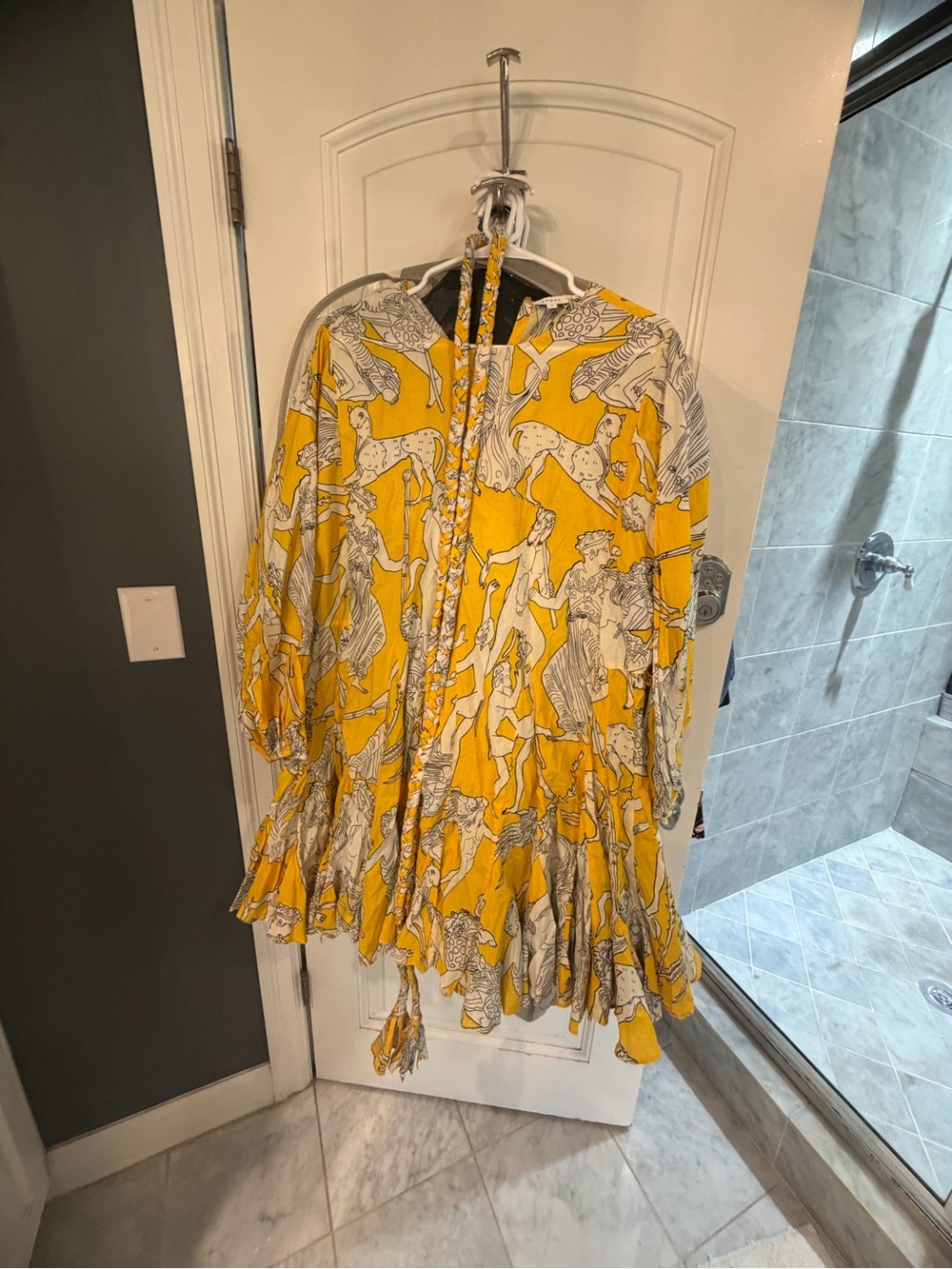 Yellow Printed Ruffle Hem Hoodie Dress
